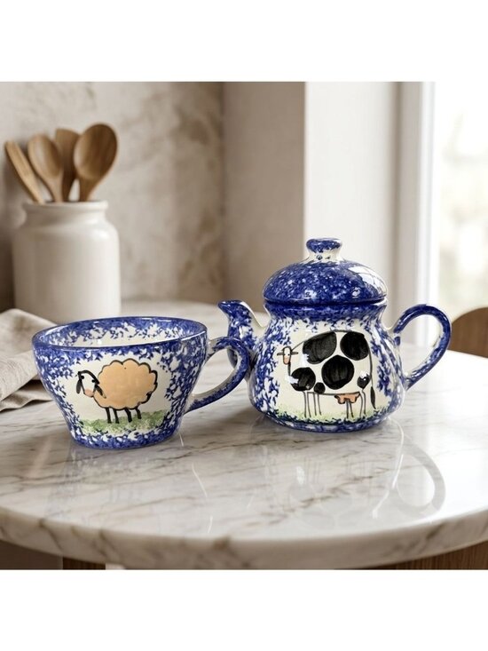 Vintage Handcrafted Studio Pottery Other - Vintage Signed Studio Pottery Tea for One Set Blue Spongeware Cow Sheep 3pc